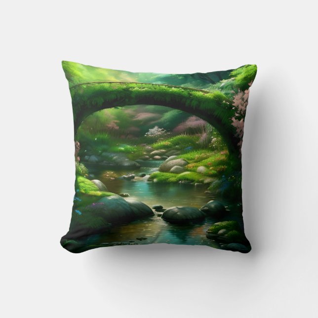 Bridge over a stream in the forest. 1 throw pillow (Front)