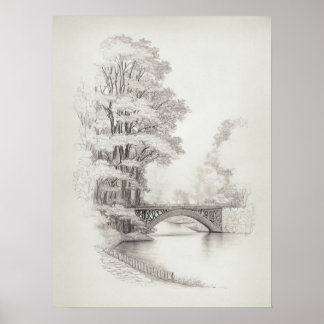 Bridge over River Sketch with big trees, vintage  Poster