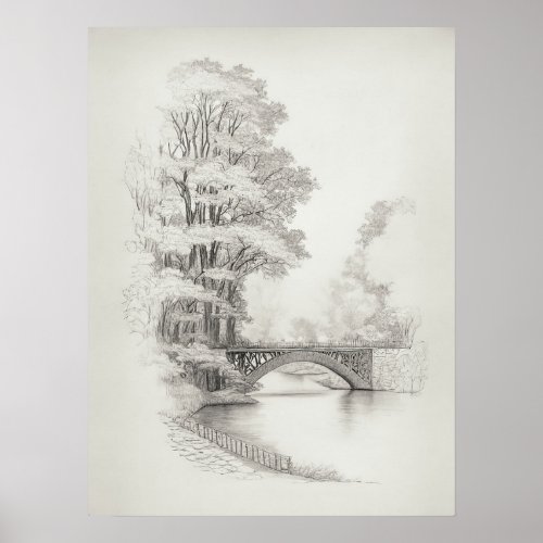 Bridge over River Sketch with big trees vintage  Poster
