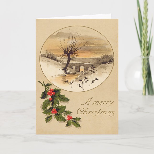 Bridge Snow Wintry Scene Holly Holiday Card (Front)