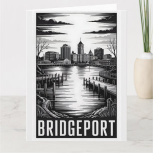 Bridgeport Connecticut Skyline Black White Woodcut Card