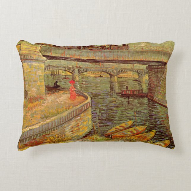 Bridges Across Seine, Asnieres by Vincent van Gogh Decorative Pillow (Front)
