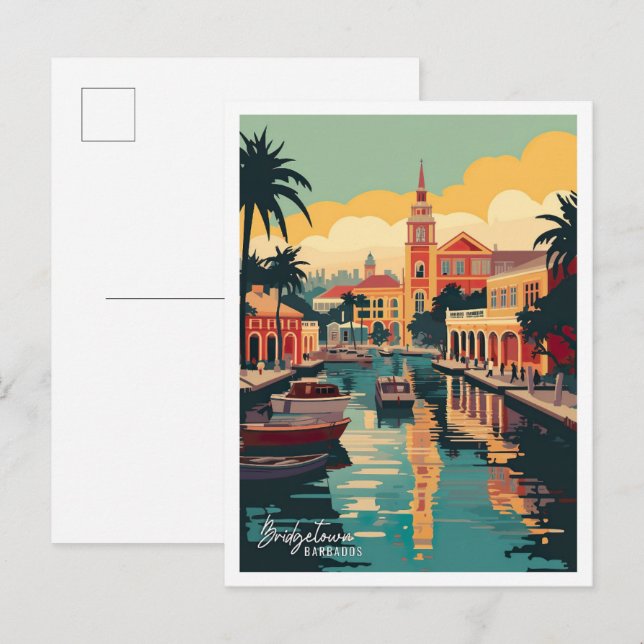 Bridgetown Barbados Vintage Travel Illustration Postcard (Front/Back)
