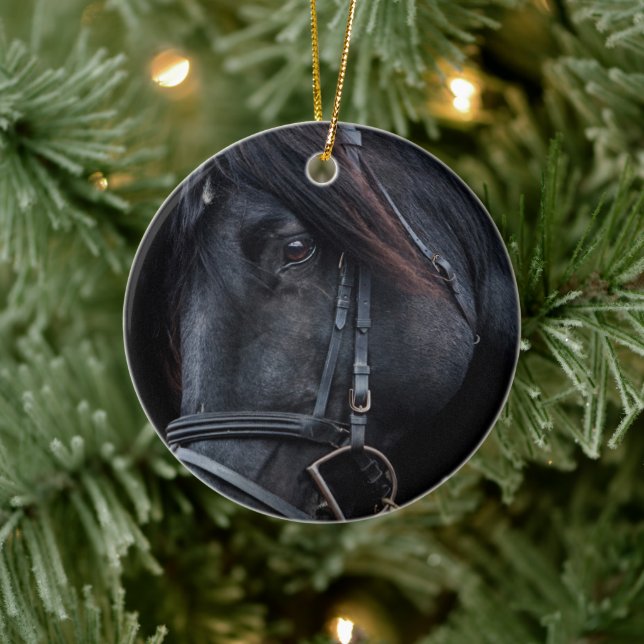 Bridled Black Stallion Face Ceramic Ornament (Tree)