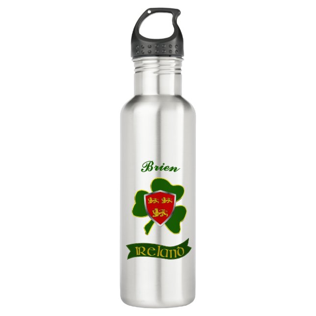 Brien Irish Shield & Shamrock Personalized  Stainless Steel Water Bottle (Front)