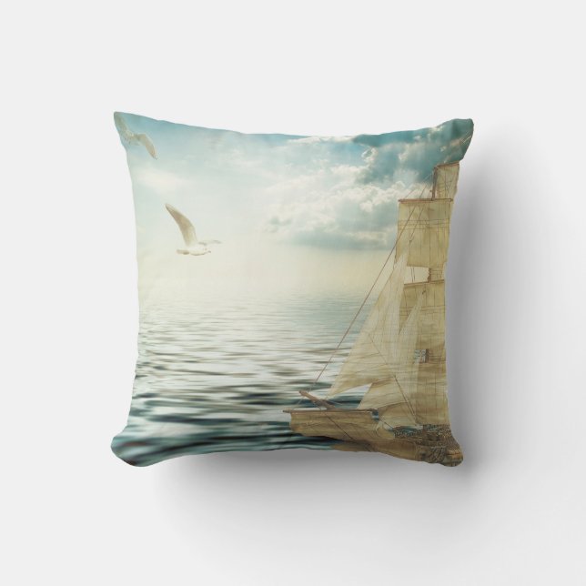 Brigantine Saiboat and Seagulls Throw Pillow (Front)