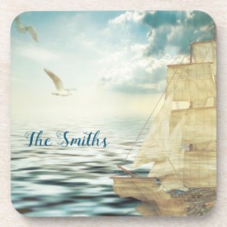 Brigantine Sailboat & Seagulls Beverage Coaster