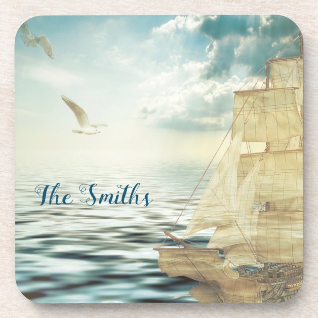 Brigantine Sailboat & Seagulls Beverage Coaster (Front)