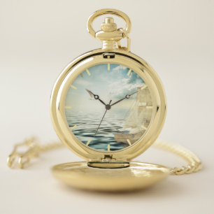 Brigantine Sailboat & Seagulls Pocket Watch