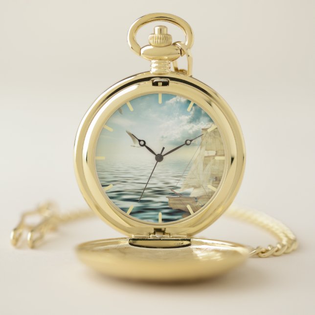 Brigantine Sailboat & Seagulls Pocket Watch (Inside)