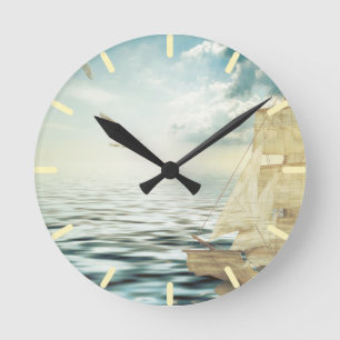 Brigantine Sailboat & Seagulls Round Clock