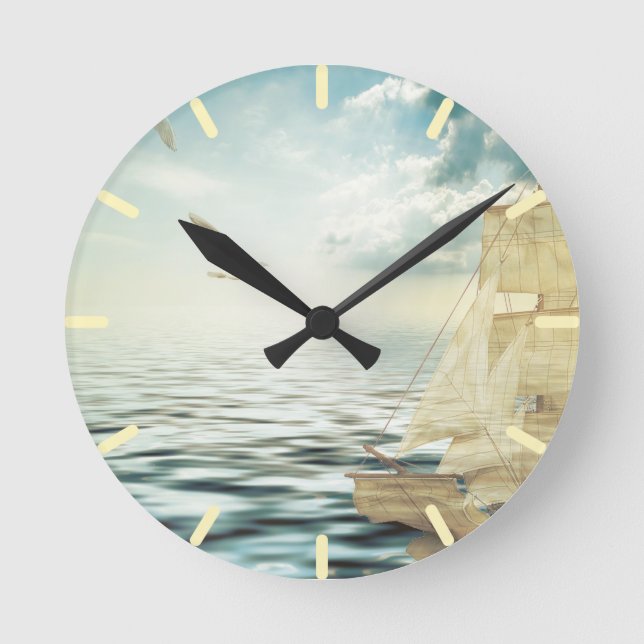 Brigantine Sailboat & Seagulls Round Clock (Front)