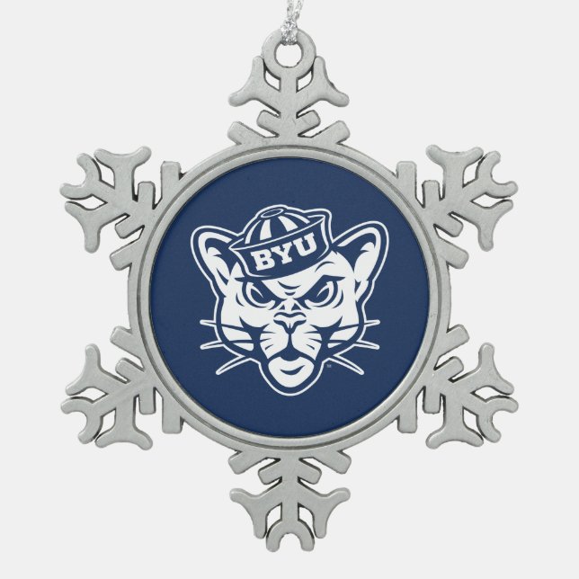 Brigham Young Cougar Snowflake Pewter Christmas Ornament (Front)