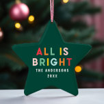 Bright 1 photo green fun modern Christmas family  Ceramic Ornament<br><div class="desc">Bright colorful green fun modern 1 photo Christmas family all is bright ornament</div>