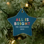 Bright 1 photo navy blue modern Christmas family  Ceramic Ornament<br><div class="desc">Bright colorful navy blue fun modern 1 photo Christmas family all is bright ornament</div>