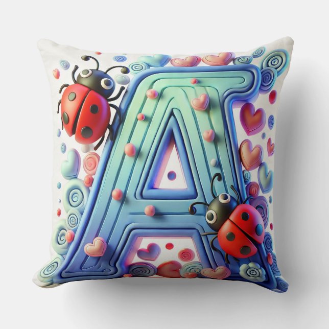Bright 3D Letter A With Butterflies, Ladybugs Throw Pillow (Front)