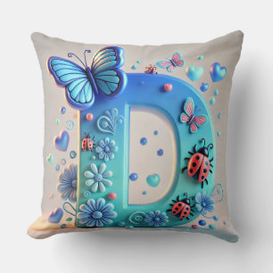 Bright 3D Letter D With Butterflies, Ladybugs Throw Pillow