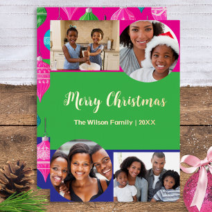 Bright 4 Photos Collage Merry Christmas Custom Foil Holiday Card