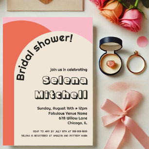Bright 70s Style Pink & Burnt Orange Bridal Shower Invitation