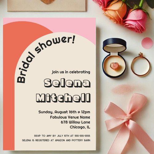 Bright 70s Style Pink  Burnt Orange Bridal Shower Invitation