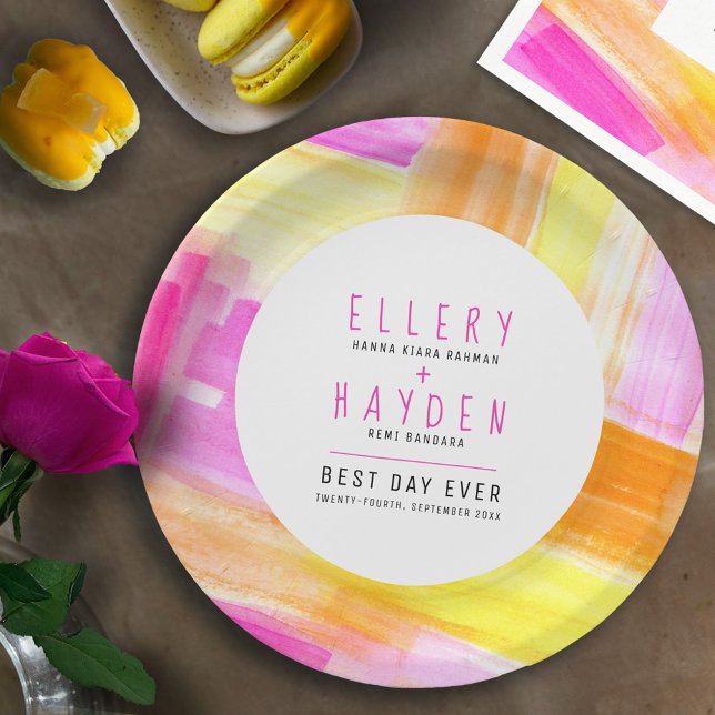 Bright abstract art pink yellow peach wedding paper plates (Creator Uploaded)