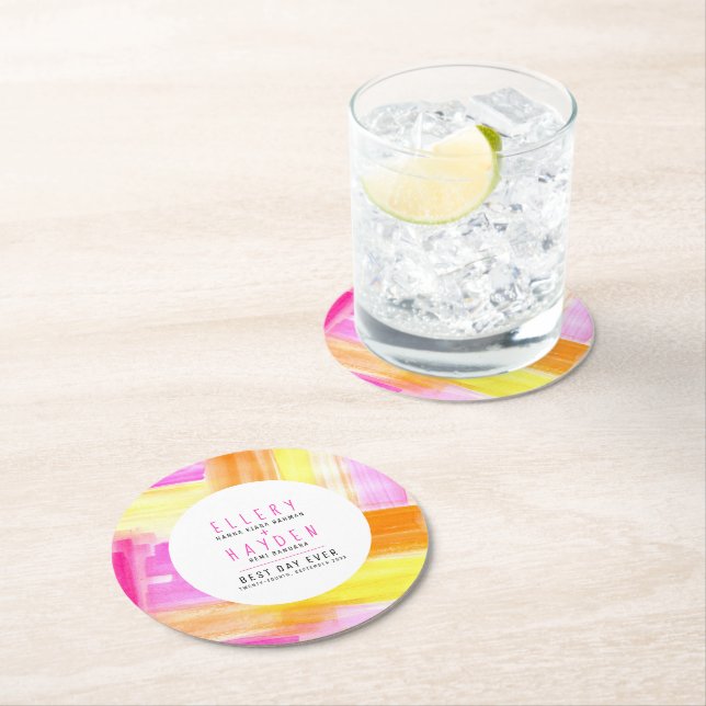 Bright abstract art pink yellow peach wedding round paper coaster (Insitu)