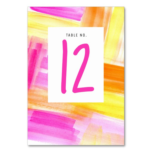 Bright abstract art pink yellow photo wedding table number (Back)