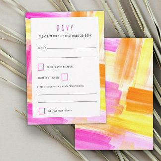 Bright abstract art pink yellow wedding RSVP card