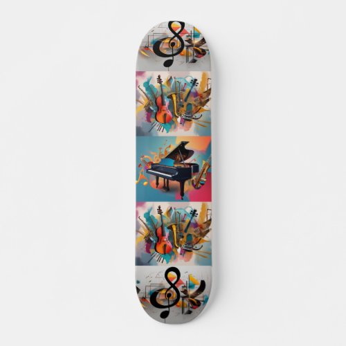 Bright abstract collage with musical instruments skateboard