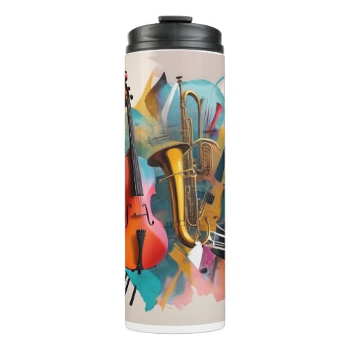 Bright abstract collage with musical instruments thermal tumbler