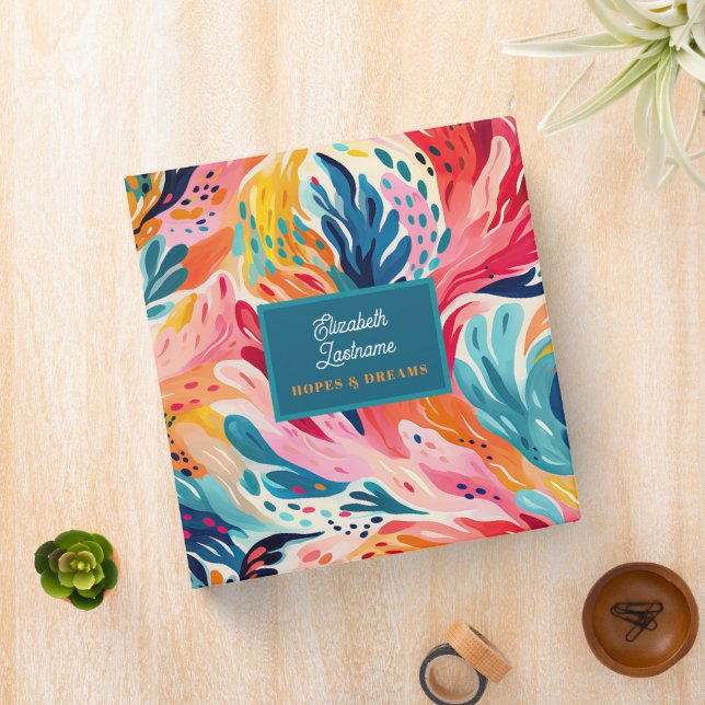 Bright Abstract Floral Monogram Hopes and Dreams 3 Ring Binder (In Situ)