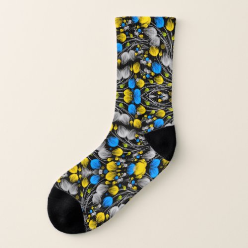 Bright abstract floral pattern on black background socks