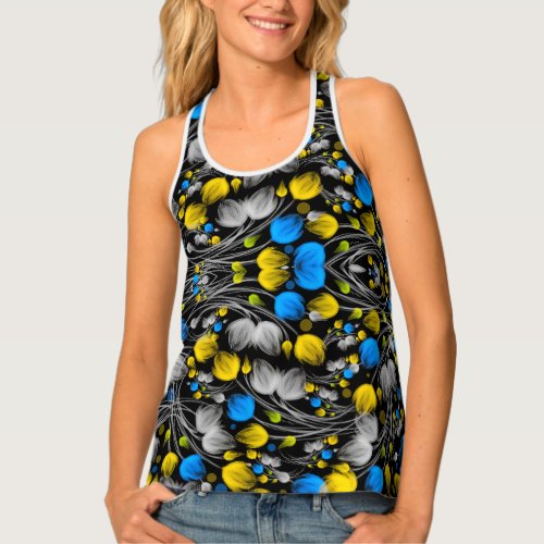 Bright abstract floral pattern on black background tank top