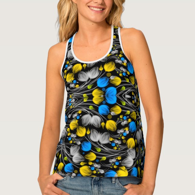 Bright abstract floral pattern on black background tank top (Front)