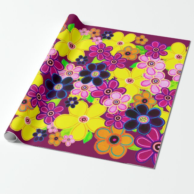 Bright Abstract Flower Art Wrapping Paper (Unrolled)