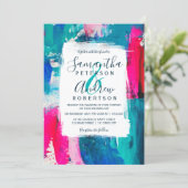 Bright abstract navy blue neon pinkacrylic wedding invitation (Standing Front)