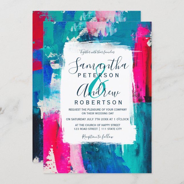 Bright abstract navy blue neon pinkacrylic wedding invitation (Front/Back)
