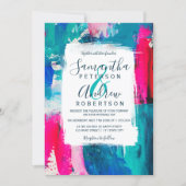 Bright abstract navy blue neon pinkacrylic wedding invitation (Front)