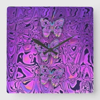 Bright Abstract Purple Butterflies Art Square Wall Clock by MHDesignStudio at Zazzle