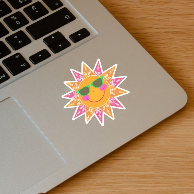 Bright Abstract Sun Pink Orange Rays Sunglasses Sticker (Smiling bright orange sun triangle rays in orange pink green sunglasses on vinyl sticker.)