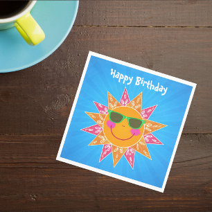 Bright Abstract Sun With Face Sunglasses on Blue Napkins