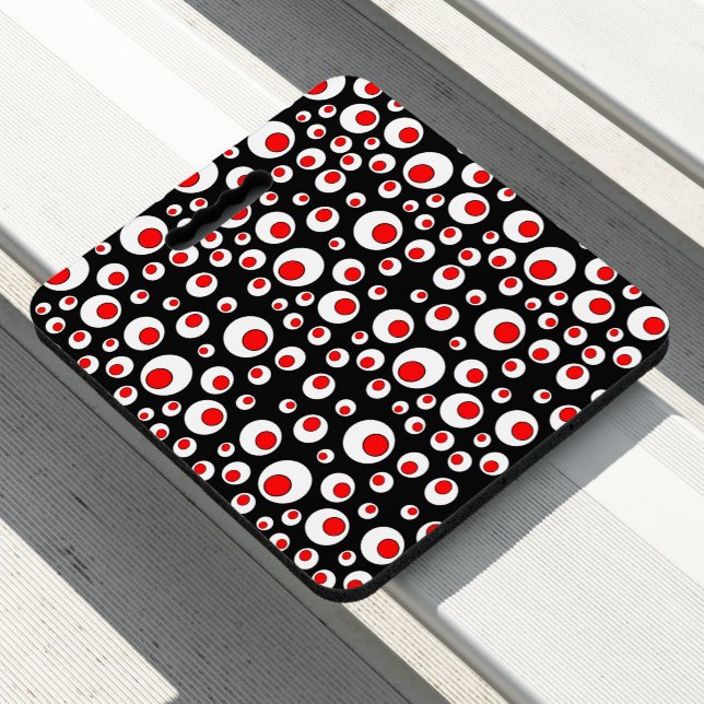 Bright Abstract White and Red Circles on Black Seat Cushion (In Situ)