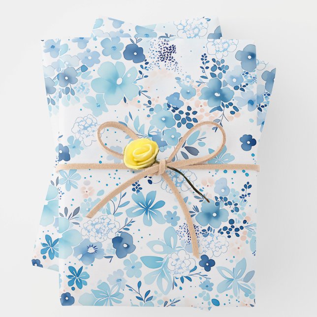 Bright Airy Blue Summer Floral Pattern Wrapping Paper Sheets (Creator Uploaded)