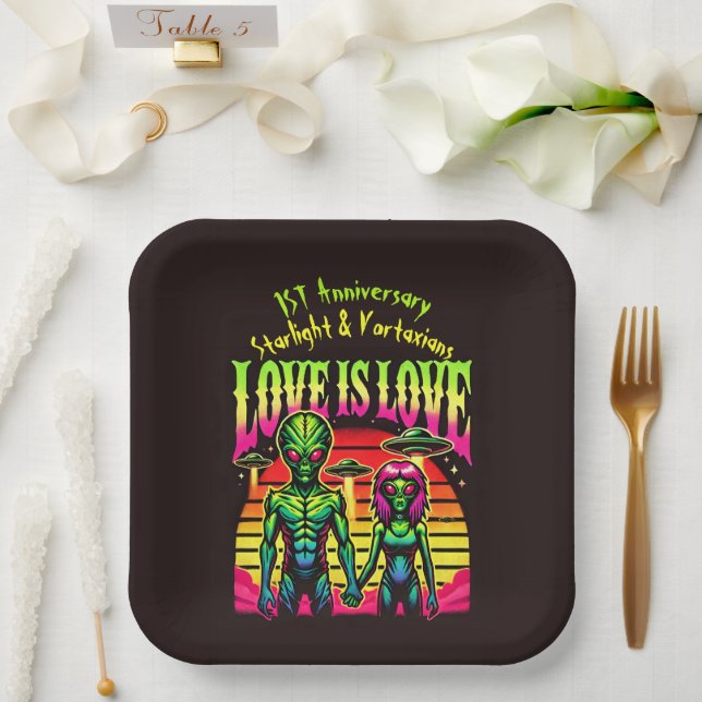 Bright Aliens in Love Under Sky Paper Plates (Wedding)