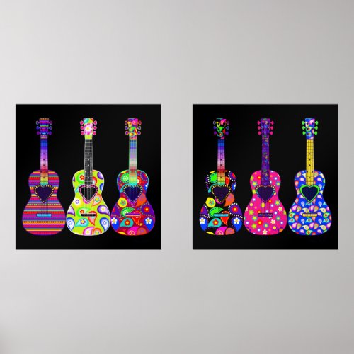 Bright and Beautiful Boho Hippie Style Guitars  Wall Art Sets