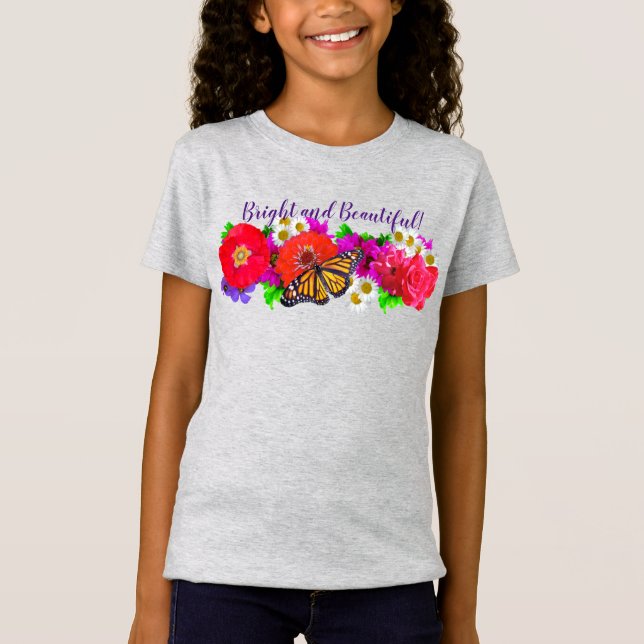 Bright and Beautiful Monarch Butterfly and Flowers T-Shirt (Front)