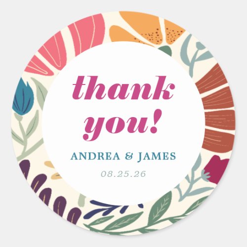 Bright and Bold Floral Wedding Retro Thank You Classic Round Sticker