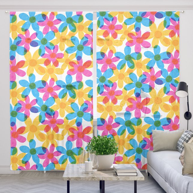 Bright and Bold Hippie Flowers Retro Floral Sheer Curtains (Living Room)