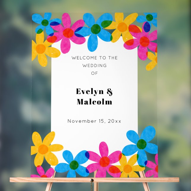 Bright and Bold Hippie Flowers Spring Wedding Acrylic Sign (Neutral)