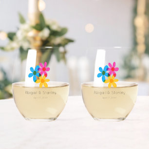 Bright and Bold Hippie Flowers Spring Wedding Stemless Wine Glass